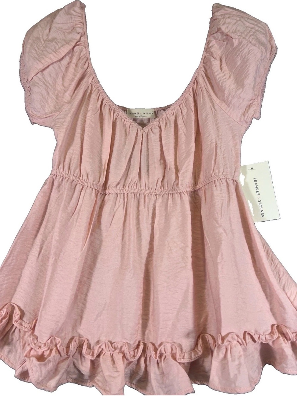Frankee & Skylar Blouse Top Womens L Pink Peplum Ruffle Puff Sleeve Scoop Neck